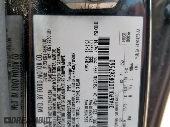 2013 Ford Fusion SE Hybrid with VIN 3FA6P0LU0DR267560, listed as a Copart auction lot 60563415 with 140,998 mi miles and Clean title. Bid and sale history available at DreamBid. Image 12.