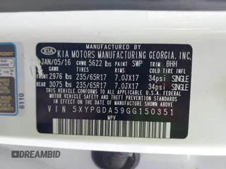 2016 Kia Sorento LX with VIN 5XYPGDA59GG150351, listed as a IAAI auction lot 42006707 with 152,617 mi miles and . Bid and sale history available at carsss.com. Image 9.