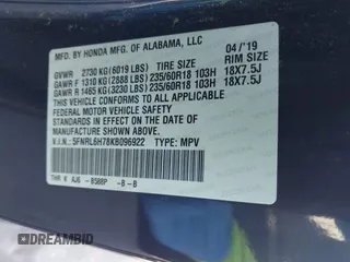 2019 Honda Odyssey EX-L with VIN 5FNRL6H78KB096922, listed as a IAAI auction lot 42008685 with 116,723 mi miles and . Bid and sale history available at DreamBid. Image 9.