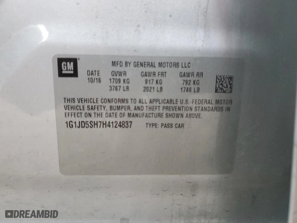 2017 Chevrolet Sonic LT with VIN 1G1JD5SH7H4124837, listed as a Copart auction lot 84260334 with 117,304 mi miles and Salvage Title. Bid and sale history available at carsss.com. Image 12.