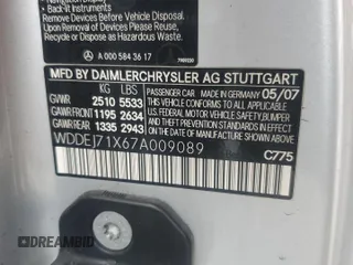 2007 Mercedes-Benz CL-Class 5.5L V8 with VIN WDDEJ71X67A009089, listed as a Copart auction lot 47800185 with 0 mi miles and Salvage Title. Bid and sale history available at carsss.com. Image 12.