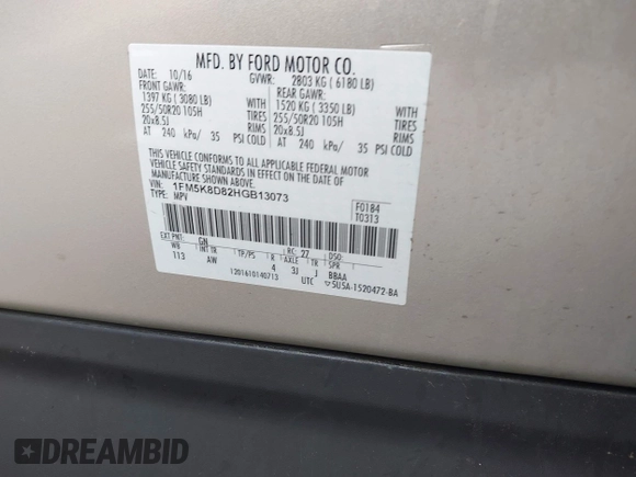 2017 Ford Explorer XLT с VIN 1FM5K8D82HGB13073, выставлен на аукционе IAAI как лот 42315648 с пробегом 86 845 миль миль и . История ставок и продаж доступна на DreamBid. Изображение 9.