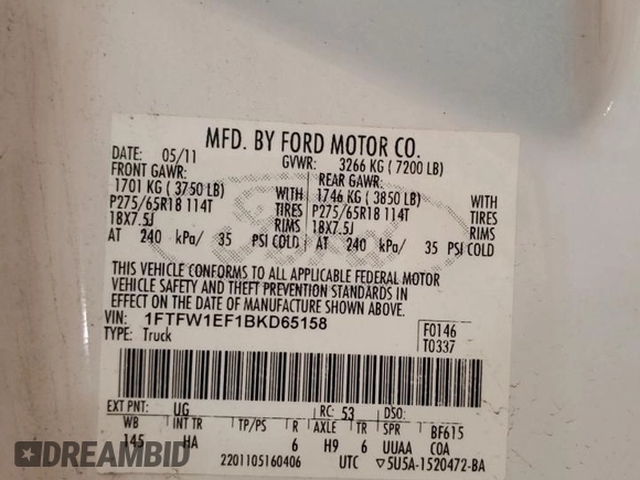 2011 Ford F-150 XL с VIN 1FTFW1EF1BKD65158, выставлен на аукционе Copart как лот 64240225 с пробегом 129 915 миль миль и Чистый • Clean title. История ставок и продаж доступна на DreamBid. Изображение 12.