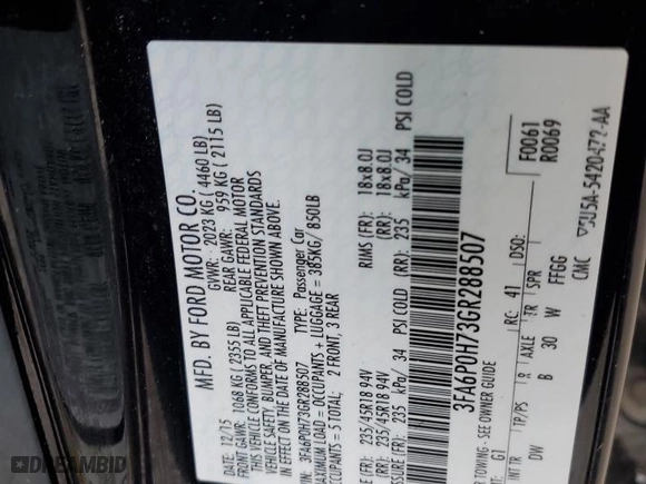 2016 Ford Fusion SE with VIN 3FA6P0H73GR288507, listed as a Copart auction lot 78469354 with 108,187 mi miles and Salvage Title. Bid and sale history available at carsss.com. Image 14.