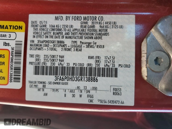 2016 Ford Fusion SE with VIN 3FA6P0HD3GR138886, listed as a Copart auction lot 49705765 with 99,086 mi miles and Salvage Title. Bid and sale history available at DreamBid. Image 14.