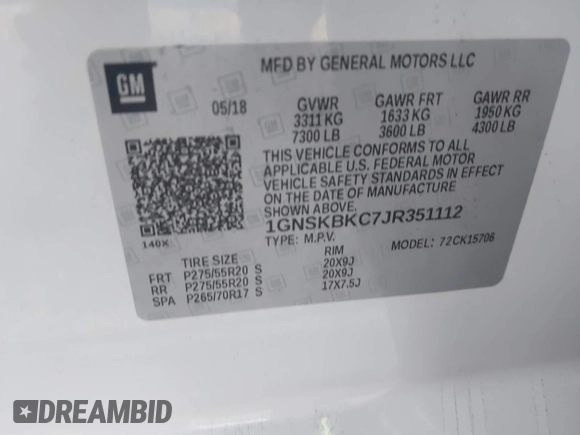 2018 Chevrolet Tahoe LT с VIN 1GNSKBKC7JR351112, выставлен на аукционе IAAI как лот 41732631 с пробегом 103 771 миль миль и . История ставок и продаж доступна на DreamBid. Изображение 9.