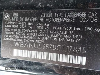2008 BMW 5 Series 528i with VIN WBANU53578CT17845, listed as a IAAI auction lot 42261326 with 115,411 mi miles and . Bid and sale history available at DreamBid. Image 9.