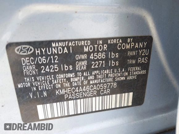 2012 Hyundai Sonata Hybrid with VIN KMHEC4A46CA059778, listed as a IAAI auction lot 41973287 with 118,625 mi miles and . Bid and sale history available at DreamBid. Image 9.