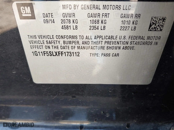 2015 Chevrolet Malibu LTZ with VIN 1G11F5SLXFF173112, listed as a IAAI auction lot 41676519 with 167,885 mi miles. Bid and sale history available at carsss.com. Image 9.