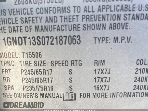2007 Chevrolet TrailBlazer LS with VIN 1GNDT13S072187063, listed as a IAAI auction lot 41809118 with 122,816 mi miles. Bid and sale history available at carsss.com. Image 9.