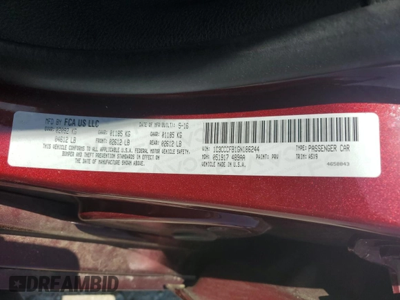 2016 Chrysler 200 LX with VIN 1C3CCCFB1GN186244, listed as a Copart auction lot 52722925 with 84,483 mi miles and Salvage Title. Bid and sale history available at carsss.com. Image 12.