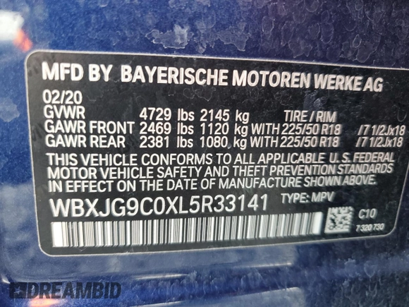 2020 BMW X1 xDrive28i with VIN WBXJG9C0XL5R33141, listed as a Copart auction lot 63040155 with 165,172 mi miles and Clean title. Bid and sale history available at DreamBid. Image 13.