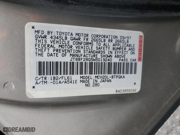 1998 Lexus ES 300 Luxury Sport Sdn with VIN JT8BF28G5W5019240, listed as a Copart auction lot 51010885 with 84,785 mi miles and Salvage Title. Bid and sale history available at carsss.com. Image 12.