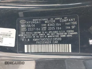 2014 Hyundai Genesis Coupe 2.0T with VIN KMHHT6KD5EU118599, listed as a IAAI auction lot 42242355 with 137,441 mi miles and . Bid and sale history available at DreamBid. Image 9.
