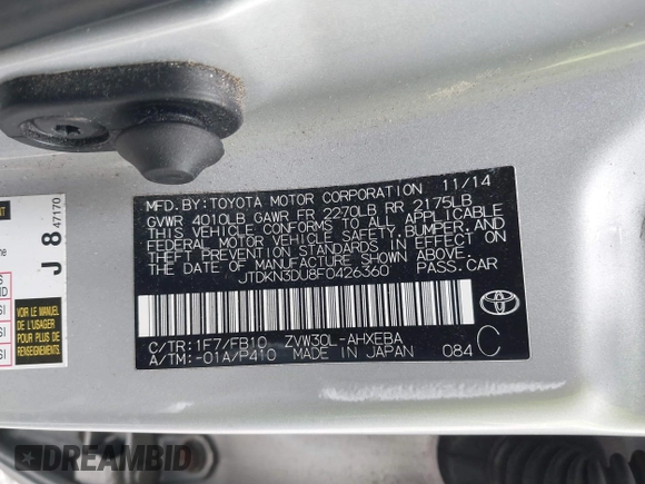 2015 Toyota Prius Four with VIN JTDKN3DU8F0426360, listed as a IAAI auction lot 42081419 with 147,748 mi miles. Bid and sale history available at carsss.com. Image 9.