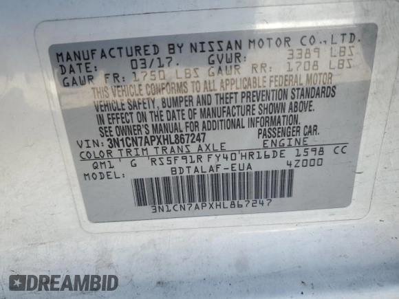 2017 Nissan Versa S z VIN 3N1CN7APXHL867247, wystawiony jako Copart lot #54205165 z przebiegiem 98 164 mil mil oraz Szkoda całkowita • Salvage title. Historia ofert i sprzedaży dostępna na DreamBid. Obrazek 13.