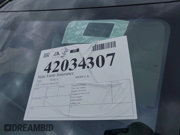2021 Tesla Model S Long Range с VIN 5YJSA1E57MF441387, выставлен на аукционе IAAI как лот 42034307 с пробегом Не указан миль и . История ставок и продаж доступна на DreamBid. Изображение 11.