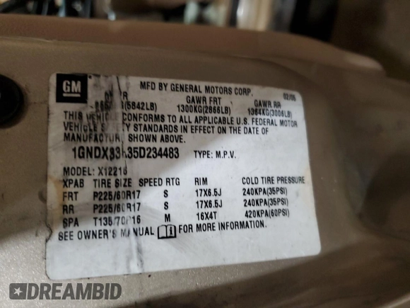 2005 Chevrolet Uplander with VIN 1GNDX33L35D234483, listed as a Copart auction lot 43506935 with 171,182 mi miles and Salvage Title. Bid and sale history available at DreamBid. Image 13.