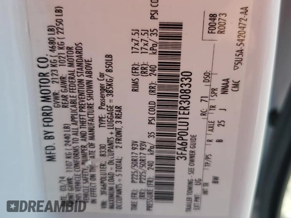 2014 Ford Fusion SE Hybrid with VIN 3FA6P0LU1ER308330, listed as a Copart auction lot 63375405 with 177,507 mi miles and Salvage title. Bid and sale history available at DreamBid. Image 12.