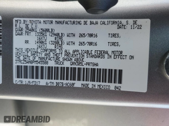 2023 Toyota Tacoma SR with VIN 3TMCZ5AN8PM545588, listed as a Copart auction lot 57528655 with 73,286 mi miles and Salvage title. Bid and sale history available at DreamBid. Image 13.