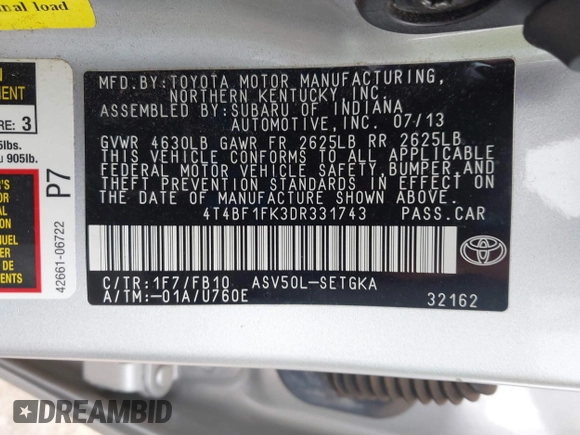 2013 Toyota Camry L with VIN 4T4BF1FK3DR331743, listed as a IAAI auction lot 41835114 with 119,368 mi miles. Bid and sale history available at carsss.com. Image 9.
