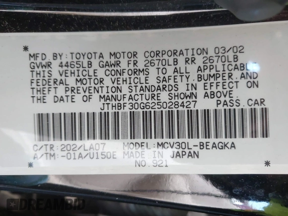 2002 Lexus ES 300 with VIN JTHBF30G625028427, listed as a IAAI auction lot 42043286 with 147,964 mi miles and . Bid and sale history available at DreamBid. Image 9.
