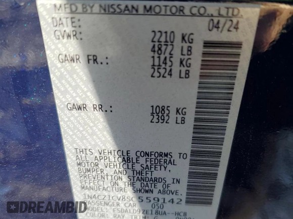 2025 Nissan LEAF SV Plus with VIN 1N4CZ1CV8SC559142, listed as a Copart auction lot 89408495 with 2,213 mi miles and Salvage Title. Bid and sale history available at carsss.com. Image 12.