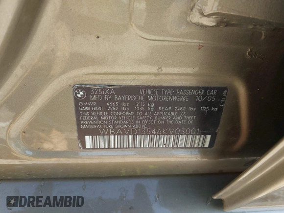 2006 BMW 3 Series 325xi with VIN WBAVD13546KV03001, listed as a IAAI auction lot 42392670 with Not provided miles and . Bid and sale history available at DreamBid. Image 9.
