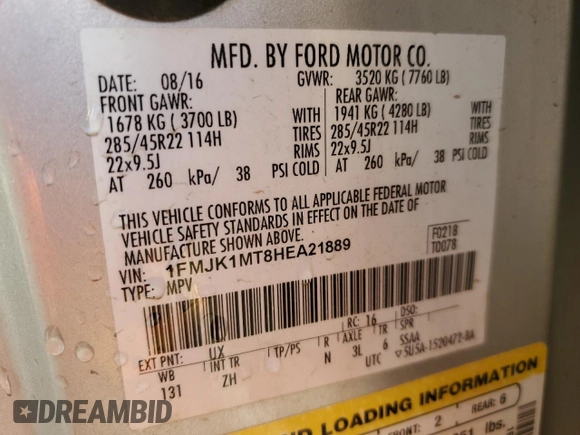 2017 Ford Expedition Max Platinum with VIN 1FMJK1MT8HEA21889, listed as a Copart auction lot 88487585 with 176,796 mi miles and Salvage title. Bid and sale history available at DreamBid. Image 13.