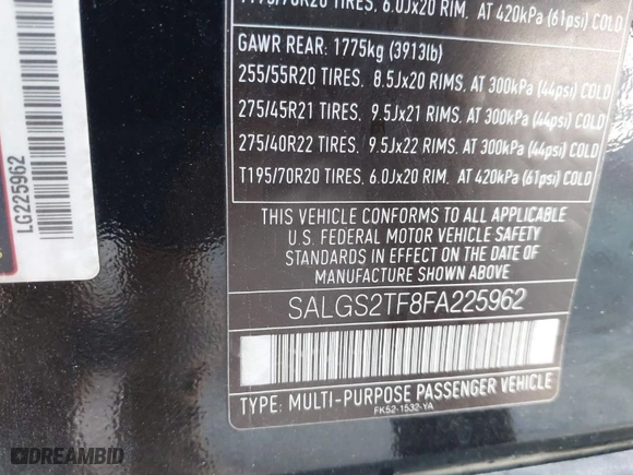 2015 Land Rover Range Rover Supercharged with VIN SALGS2TF8FA225962, listed as a IAAI auction lot 41757065 with 123,590 mi miles. Bid and sale history available at carsss.com. Image 9.