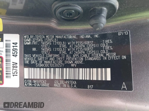 2013 Toyota Sienna LE AAS with VIN 5TDKK3DC1DS392577, listed as a IAAI auction lot 41932168 with 90,643 mi miles and . Bid and sale history available at DreamBid. Image 9.