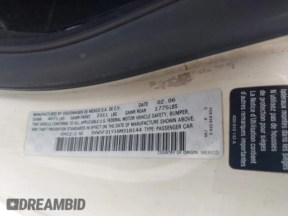 2006 Volkswagen Beetle with VIN 3VWSF31Y16M318144, listed as a IAAI auction lot 41554903 with 126,984 mi miles and . Bid and sale history available at DreamBid. Image 9.