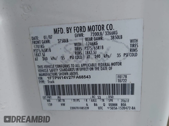 2007 Ford F-150 XLT с VIN 1FTPW14V27FA68543, выставлен на аукционе IAAI как лот 42521774 с пробегом 205 401 миль миль и . История ставок и продаж доступна на DreamBid. Изображение 9.