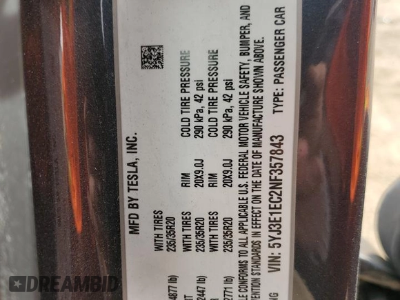 2022 Tesla Model 3 Performance with VIN 5YJ3E1EC2NF357843, listed as a Copart auction lot 47617575 with 25,189 mi miles and Salvage Title. Bid and sale history available at DreamBid. Image 12.
