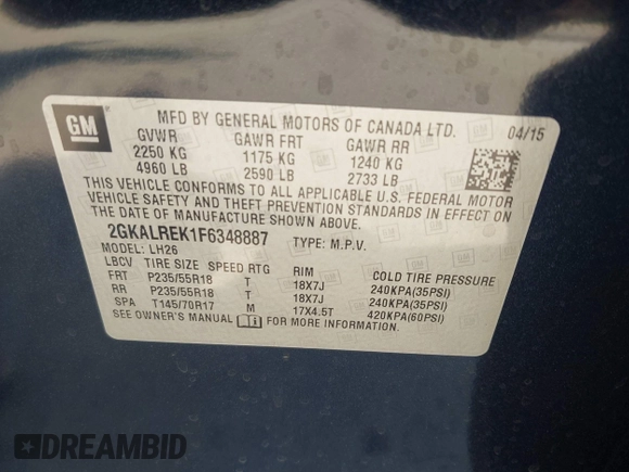 2015 GMC Terrain SLE z VIN 2GKALREK1F6348887, wystawiony jako IAAI lot #42474245 z przebiegiem 101 107 mil mil oraz . Historia ofert i sprzedaży dostępna na DreamBid. Obrazek 9.