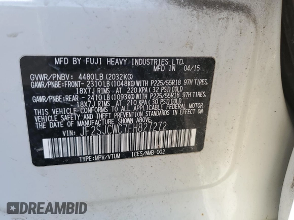 2015 Subaru Forester Touring with VIN JF2SJCWC7FH827272, listed as a Copart auction lot 53805135 with 200,320 mi miles and Salvage title. Bid and sale history available at DreamBid. Image 12.