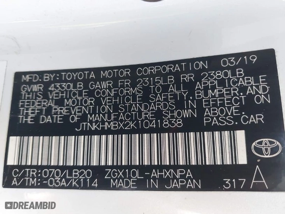 2019 Toyota C-HR XLE with VIN JTNKHMBX2K1041838, listed as a IAAI auction lot 41511513 with 107,145 mi miles. Bid and sale history available at carsss.com. Image 9.
