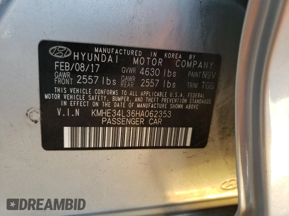 2017 Hyundai Sonata Hybrid Limited with VIN KMHE34L36HA062353, listed as a Copart auction lot 37828863 with 105,474 mi miles. Bid and sale history available at carsss.com. Image 12.