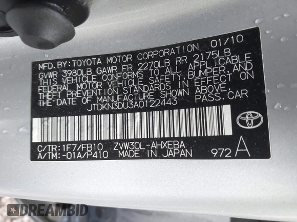 2010 Toyota Prius II with VIN JTDKN3DU3A0122443, listed as a IAAI auction lot 42030295 with 241,889 mi miles. Bid and sale history available at carsss.com. Image 9.
