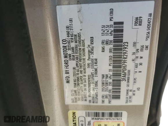 2015 Ford Fusion SE with VIN 3FA6P0H79FR297923, listed as a Copart auction lot 53172525 with 196,311 mi miles and Salvage Title. Bid and sale history available at carsss.com. Image 14.