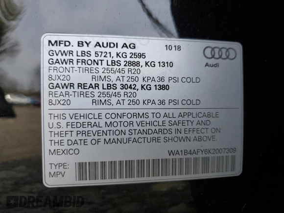 2019 Audi SQ5 Premium Plus with VIN WA1B4AFY6K2007309, listed as a Copart auction lot 54629005 with 71,231 mi miles and Salvage Title. Bid and sale history available at DreamBid. Image 13.