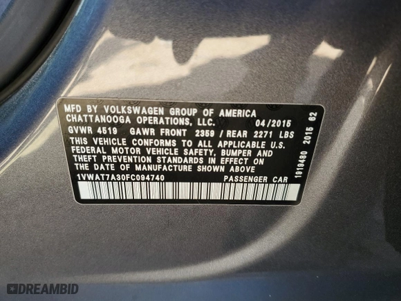 2015 Volkswagen Passat 1.8T Limited Edition with VIN 1VWAT7A30FC094740, listed as a Copart auction lot 46225695 with 120,527 mi miles and Salvage Title. Bid and sale history available at carsss.com. Image 12.
