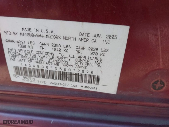 2005 Mitsubishi Galant ES with VIN 4A3AB36F55E072976, listed as a IAAI auction lot 41682556 with 207642 miles. Bid and sale history available at carsss.com. Image 9.