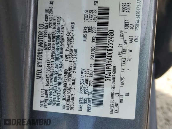 2012 Ford Fusion SE с VIN 3FAHP0HA0CR222480, выставлен на аукционе Copart как лот 65847164 с пробегом 108 256 миль миль и На запчасти • Non repairable. История ставок и продаж доступна на DreamBid. Изображение 12.