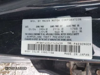 2004 Mazda 3 s with VIN JM1BK143341143439, listed as a IAAI auction lot 42121987 with 189,506 mi miles and . Bid and sale history available at DreamBid. Image 9.