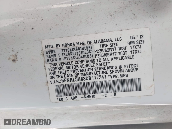 2012 Honda Odyssey EX-L with VIN 5FNRL5H63CB117341, listed as a IAAI auction lot 42197815 with 256,544 mi miles and . Bid and sale history available at DreamBid. Image 9.
