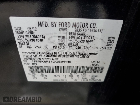 2013 Ford Explorer Limited z VIN 1FM5K8F81DGB04145, wystawiony jako Copart lot #57463165 z przebiegiem 239 122 mil mil oraz Czysty tytuł • Clean title. Historia ofert i sprzedaży dostępna na DreamBid. Obrazek 13.