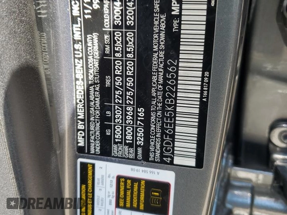 2019 Mercedes-Benz GLS 450 с VIN 4JGDF6EE5KB226562, выставлен на аукционе Copart как лот 63208495 с пробегом 48 553 миль миль и Списание • Salvage title. История ставок и продаж доступна на DreamBid. Изображение 13.