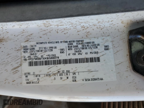 2019 Ford F-250 with VIN 1FD7W2BTXKEG86078, listed as a Copart auction lot 85876794 with 172,666 mi miles and Salvage title. Bid and sale history available at DreamBid. Image 12.