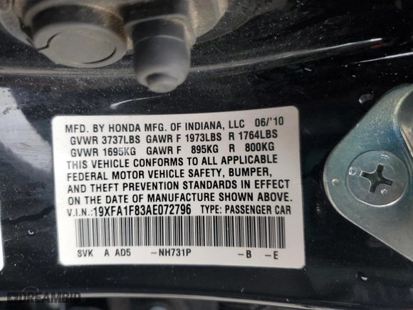 2010 Honda Civic Sdn EX with VIN 19XFA1F83AE072796, listed as a Copart auction lot 51430095 with 162,098 mi miles and Salvage Title. Bid and sale history available at carsss.com. Image 13.